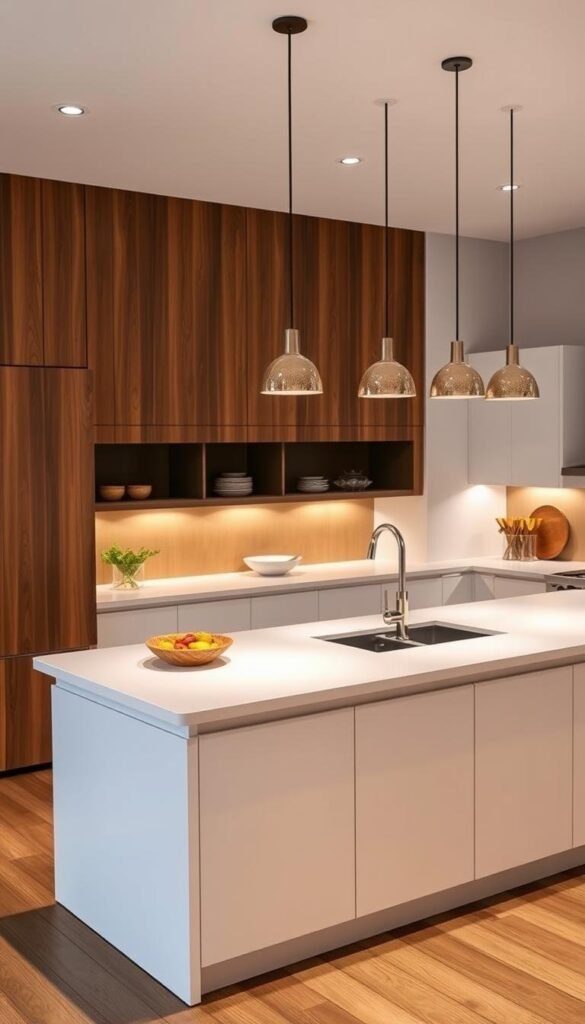 A contemporary kitchen island design set against a warm, open-concept backdrop. The island features a sleek, minimalist aesthetic with a smooth, quartz countertop and a crisp, white cabinetry base. Strategically placed task lighting illuminates the workspace, creating a well-lit and inviting atmosphere. The island's clean lines and uncluttered design seamlessly integrate with the surrounding kitchen, enhancing the overall cooking experience. A subtle play of textures, such as a wooden accent wall or pendant lights, adds depth and visual interest to the scene. The layout showcases a harmonious balance between form and function, making the kitchen island the heart of the culinary space.