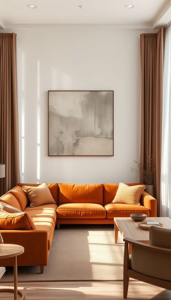 A contemporary living room filled with a harmonious color palette of warm, earthy tones.