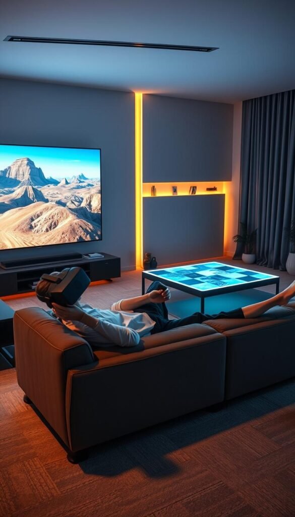 A contemporary living room filled with immersive tech.