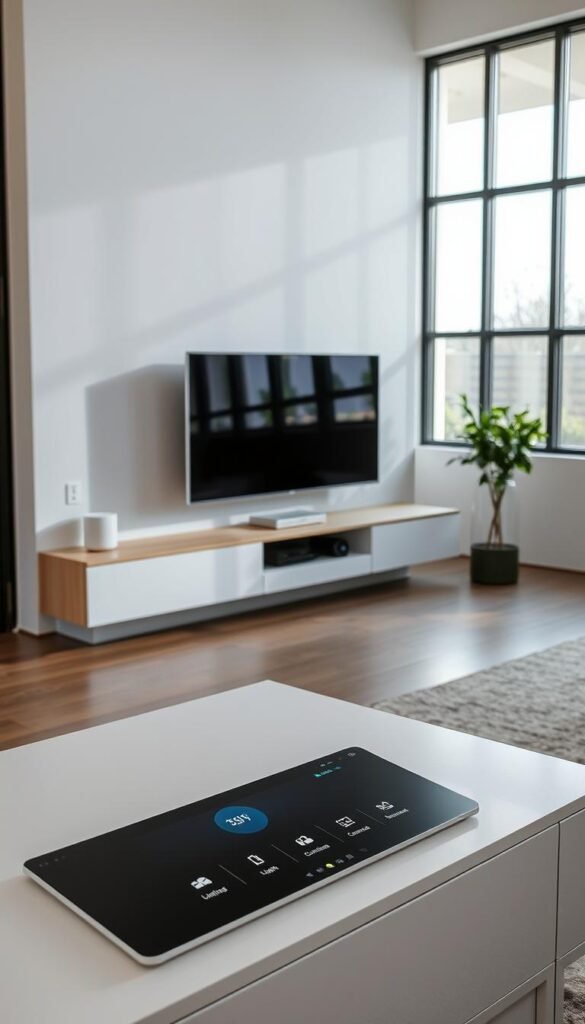 A contemporary living room with seamless integration of smart home technology.