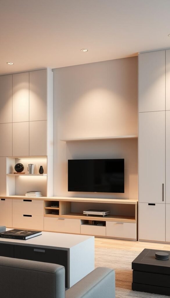 A contemporary living room with sleek, minimalist storage solutions.