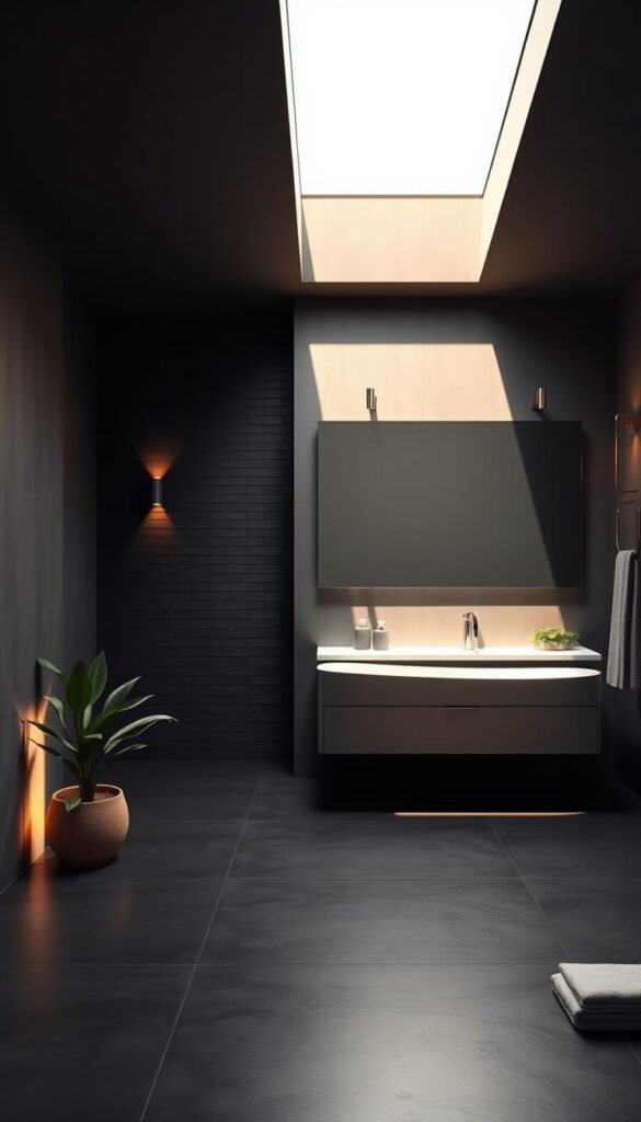 A contemporary, moody bathroom with a minimalist, elegant design.