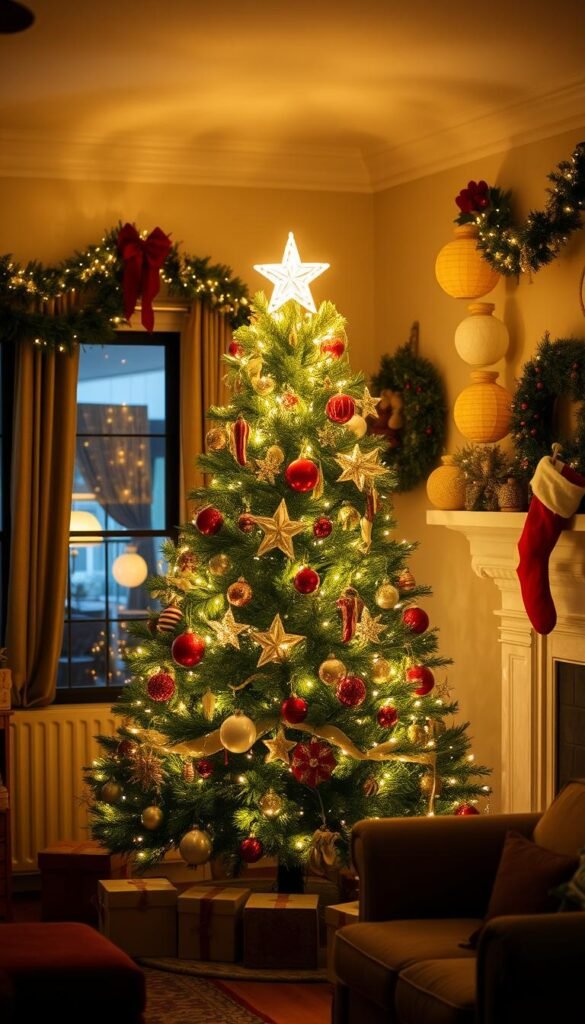 A cozy Christmas living room with a beautifully decorated tree as the focal point.