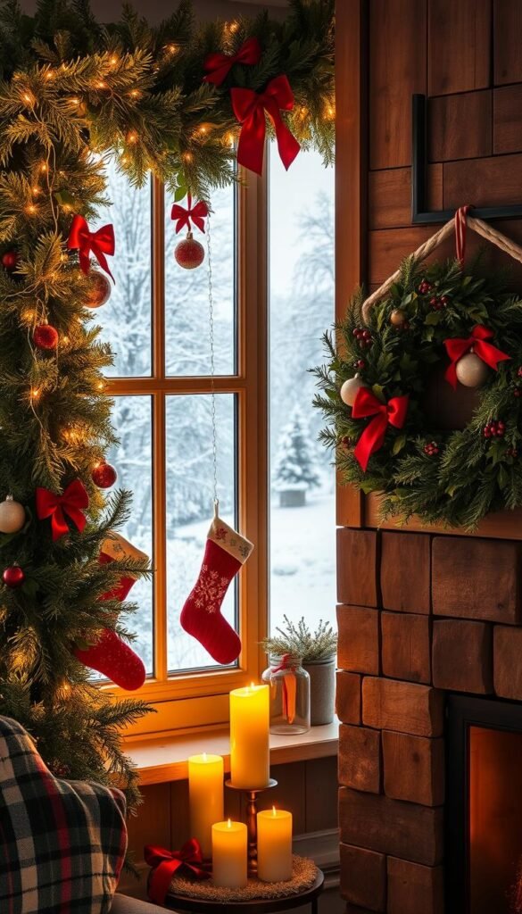 A cozy Christmas scene with a beautifully decorated window overlooking a snow-covered landscape.