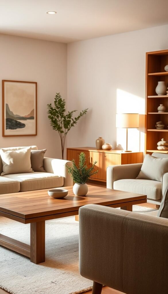 A cozy Japandi-inspired living room, bathed in warm, soft lighting.