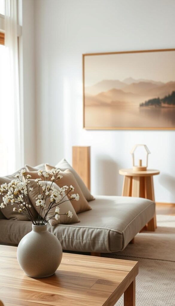 A cozy Japandi-inspired living room with a minimalist design.