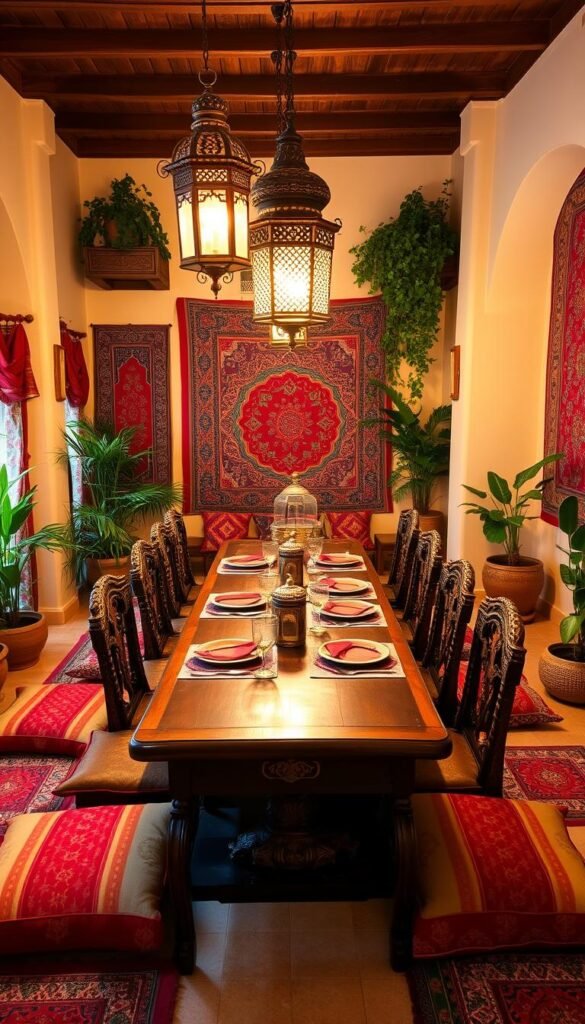 A cozy Moroccan dining room with a long wooden table, intricately carved chairs, and vibrant textiles.