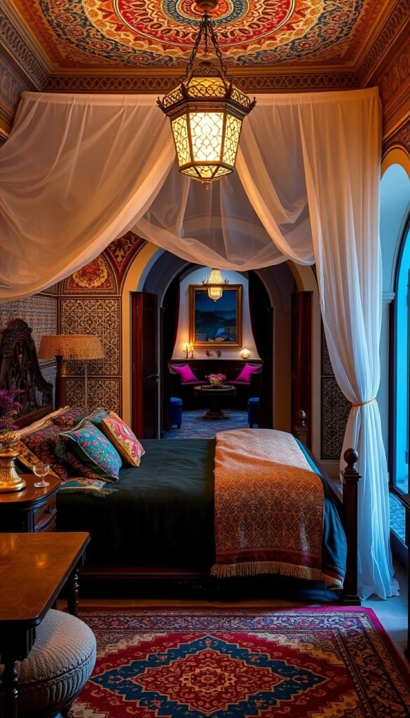 A cozy Moroccan-inspired bedroom with intricate tile work, carved wood furniture, and an ornate brass light fixture casting a warm glow.