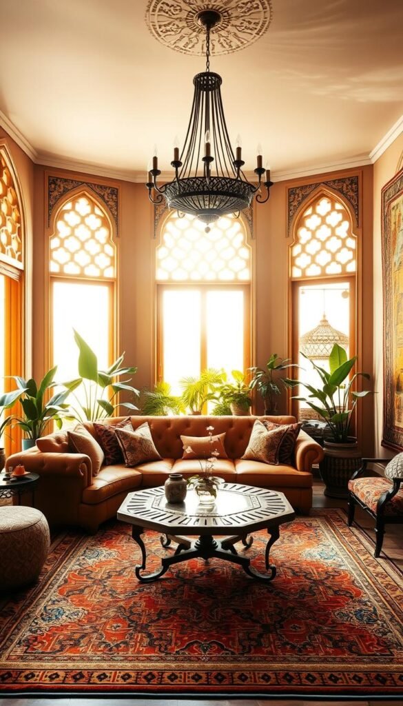 A cozy Moroccan-inspired modern living room, bathed in warm, golden light filtering through intricate latticed windows.