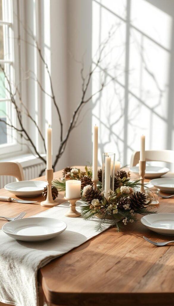 A cozy Scandinavian Thanksgiving tablescape, bathed in soft natural light streaming through large windows.