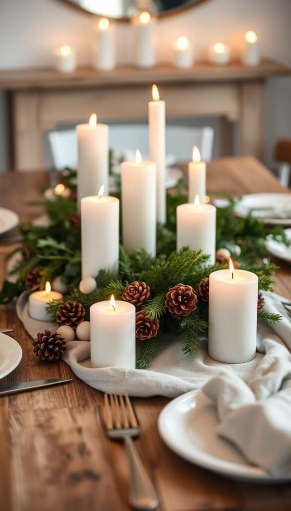 A cozy Scandinavian hygge scene: a wooden table set with natural linen, brimming with an arrangement of simple white pillar candles of varying heights,…