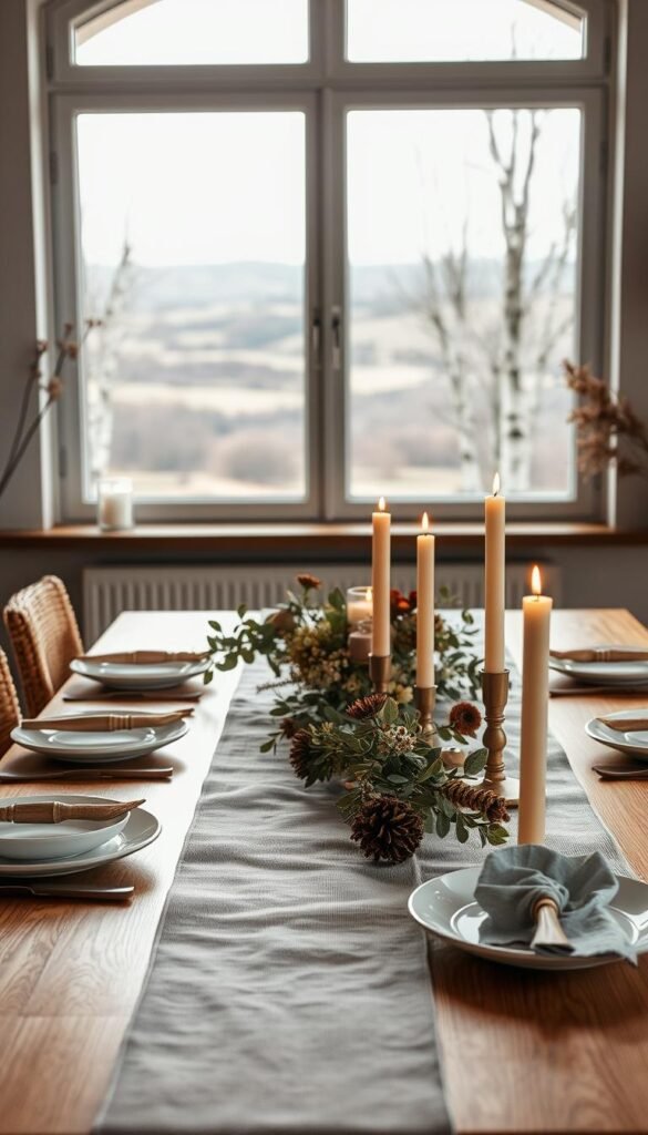 A cozy Scandinavian-inspired Thanksgiving scene, bathed in warm, natural light.