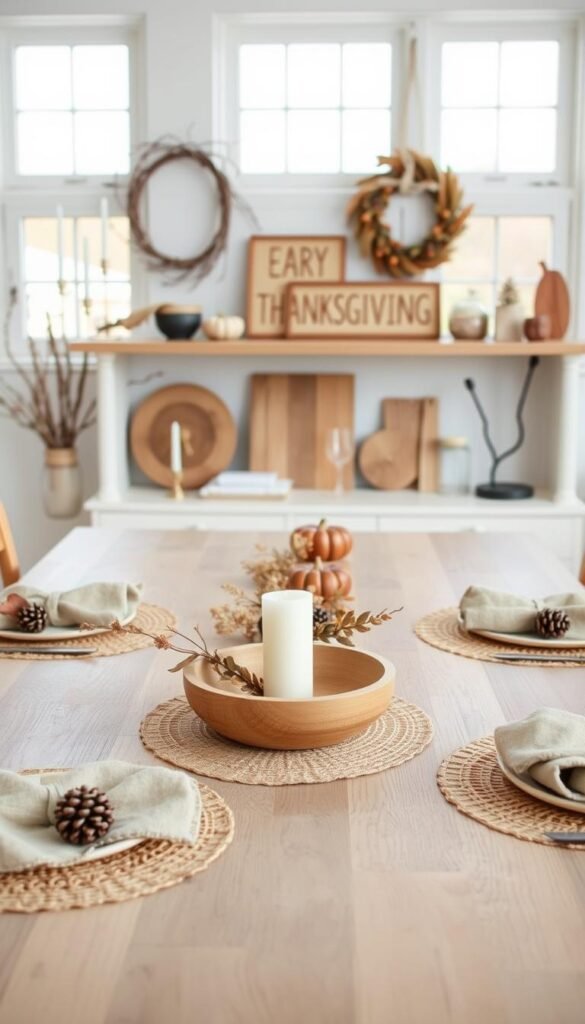 A cozy Scandinavian-inspired Thanksgiving scene with a rustic wooden table adorned with natural elements.