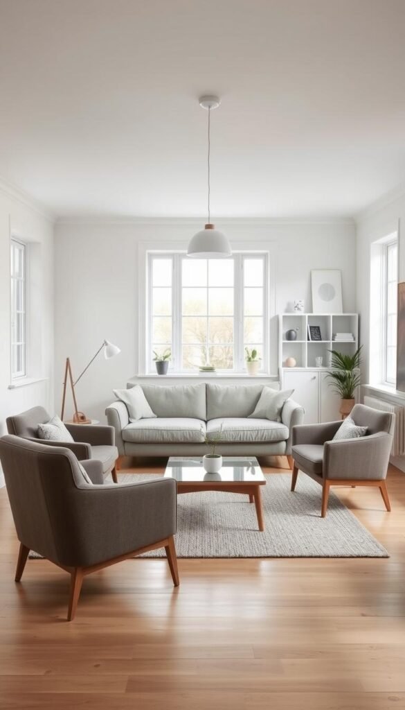 A cozy Scandinavian-inspired living room with a light, airy atmosphere.