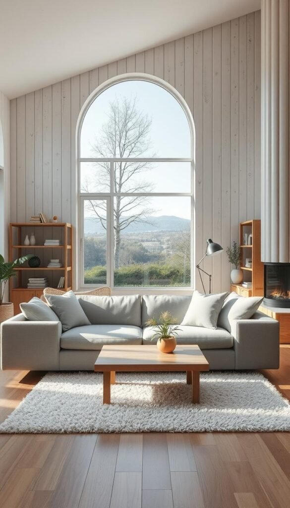 A cozy Scandinavian living room bathed in soft, natural light.