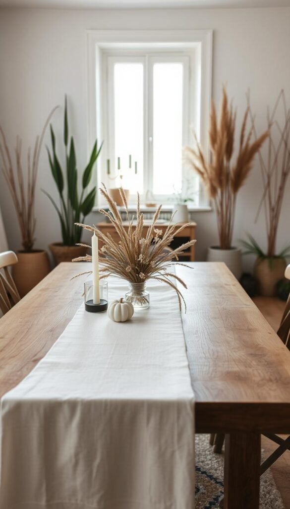 A cozy Scandinavian-style Thanksgiving scene, captured in soft natural lighting.