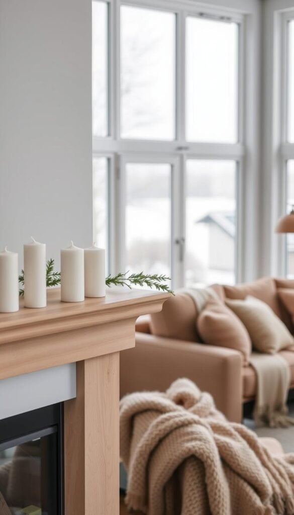 A cozy Scandinavian-style living room with a minimalist, yet elegant mantel decor.