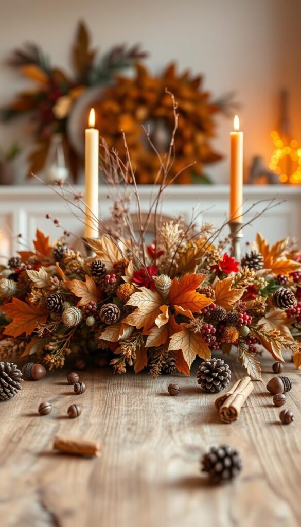A cozy Thanksgiving table setting, adorned with a lush centerpiece of seasonal foliage, dried florals, and warm-toned candles.