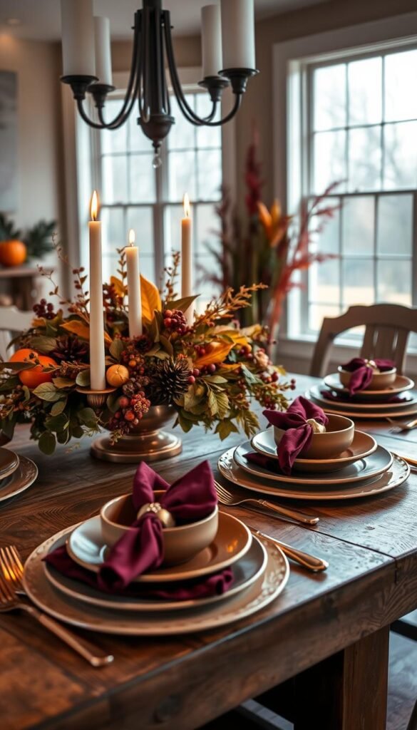 A cozy Thanksgiving table setting showcasing a harmonious color palette of warm autumn hues.