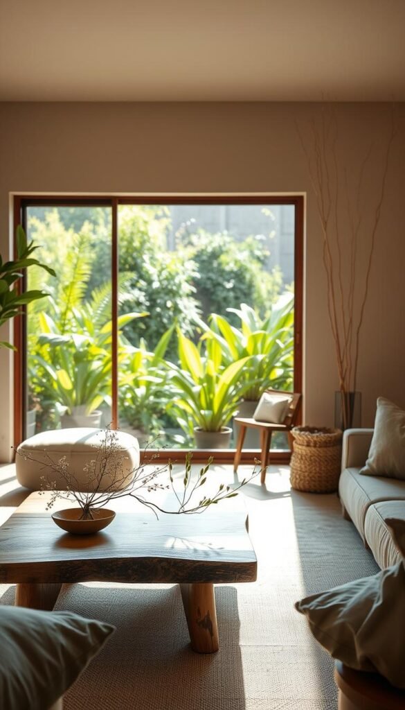 A cozy Wabi Sabi living room bathed in soft, natural light.