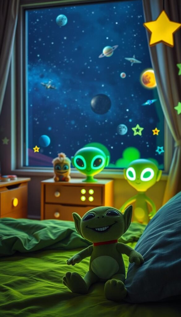 A cozy alien-themed bedroom with friendly extraterrestrial characters. The foreground features a smiling, cartoonish alien plush toy on a vibrant green bed. The middle ground showcases a playful alien-shaped nightstand and lamp, complemented by glow-in-the-dark star stickers on the walls. In the background, a large window offers a view of a starry night sky, with planets and spaceships floating in the distance. The lighting is soft and atmospheric, creating a welcoming and imaginative ambiance. The overall scene conveys a sense of wonder and whimsy, perfect for a child's space-themed room. A cozy alien-themed bedroom with friendly extraterrestrial characters. The foreground features a smiling, cartoonish alien plush toy on a vibrant green bed. The middle ground showcases a playful alien-shaped nightstand and lamp, complemented by glow-in-the-dark star stickers on the walls. In the background, a large window offers a view of a starry night sky, with planets and spaceships floating in the distance. The lighting is soft and atmospheric, creating a welcoming and imaginative ambiance. The overall scene conveys a sense of wonder and whimsy, perfect for a child's space-themed room.