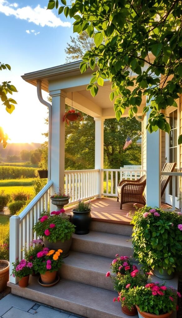 A cozy and charming front porch addition, bathed in warm afternoon sunlight filtering through lush greenery. In the foreground, a collection of thriving potted plants and seasonal blooms adorn the steps, spilling over the edges with vibrant color. The main porch structure features classic white columns and railing, complemented by a rustic wooden bench and wicker furniture, creating an inviting outdoor living space. In the background, a verdant landscape with towering trees and a picturesque sky sets the scene, evoking a sense of tranquility and natural harmony. The overall atmosphere is one of relaxation, comfort, and an appreciation for the simple pleasures of outdoor living.