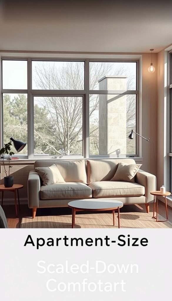 A cozy and compact living room with a modern, apartment-sized sofa as the centerpiece.