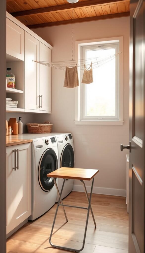 A cozy and efficient tiny laundry room with a front-loading washer and dryer, featuring sleek white cabinets and open shelving for storing detergents and cleaning supplies. In the foreground, a compact folding table with a wooden top is positioned near the machines, allowing for easy sorting and folding of freshly washed clothes. The middle ground showcases a retractable clothesline suspended from the ceiling, providing a practical drying solution for delicates and small items. The background features a minimalist tile backsplash in a soft, neutral color palette, creating a serene and organized atmosphere. Warm, natural lighting from a large window casts a gentle glow, highlighting the room's clever design and maximizing the available space.