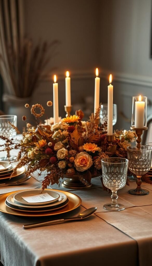A cozy and elegant Thanksgiving table setting with a rustic, high-end aesthetic.