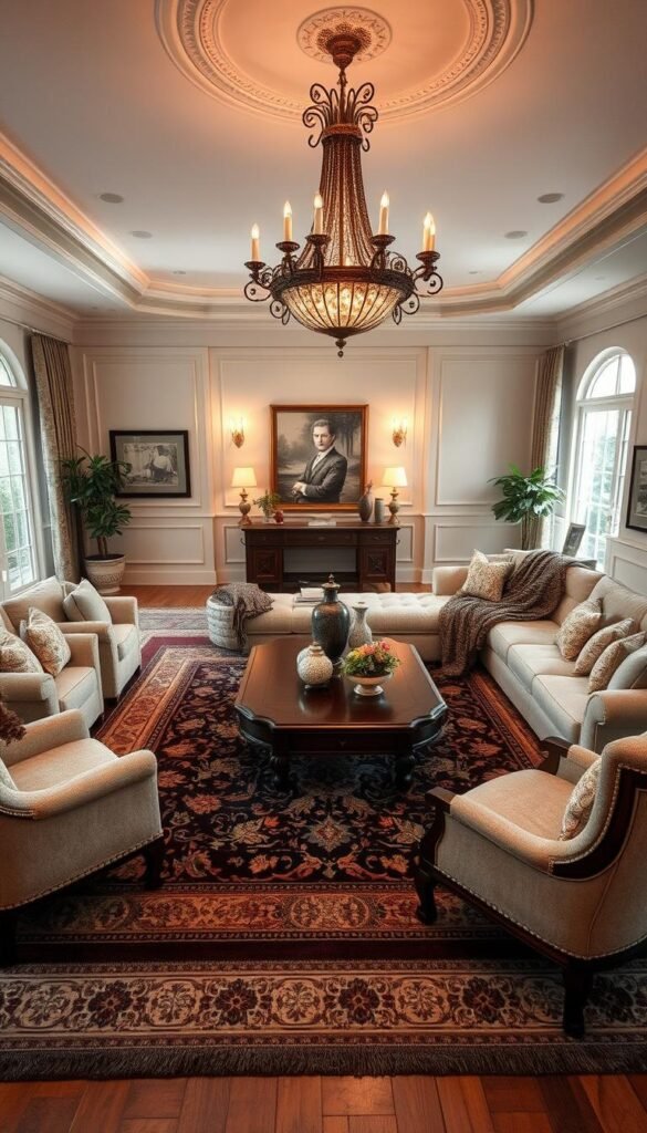A cozy and elegant living room with plush, high-quality furniture in neutral tones.