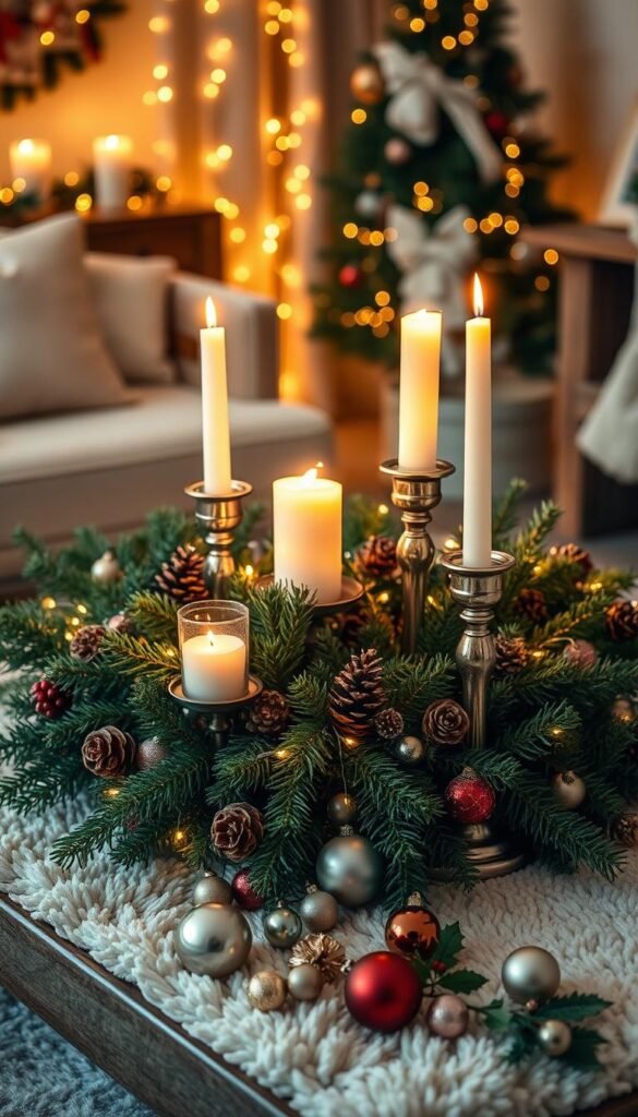 A cozy and festive Christmas coffee table arrangement, bathed in warm, soft lighting.