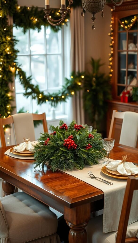 A cozy and festive dining area, adorned with a lush, verdant garland draped elegantly across the table, accented with twinkling fairy lights that cast a warm,…