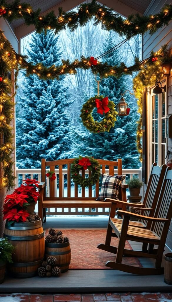 A cozy and festive front porch, adorned with a rustic wooden bench, garlands of pine and fairy lights. Potted poinsettias and a wreath of holly frame the entryway, casting a warm glow. In the background, snow-dusted evergreen trees stand tall, creating a picturesque winter scene. The porch is illuminated by soft, ambient lighting, casting a magical atmosphere. Wooden barrels overflowing with pinecones, and a set of wooden rocking chairs invite guests to linger and soak in the holiday cheer. This idyllic DIY front porch Christmas decor exudes charm and welcomes visitors with a touch of vintage elegance.