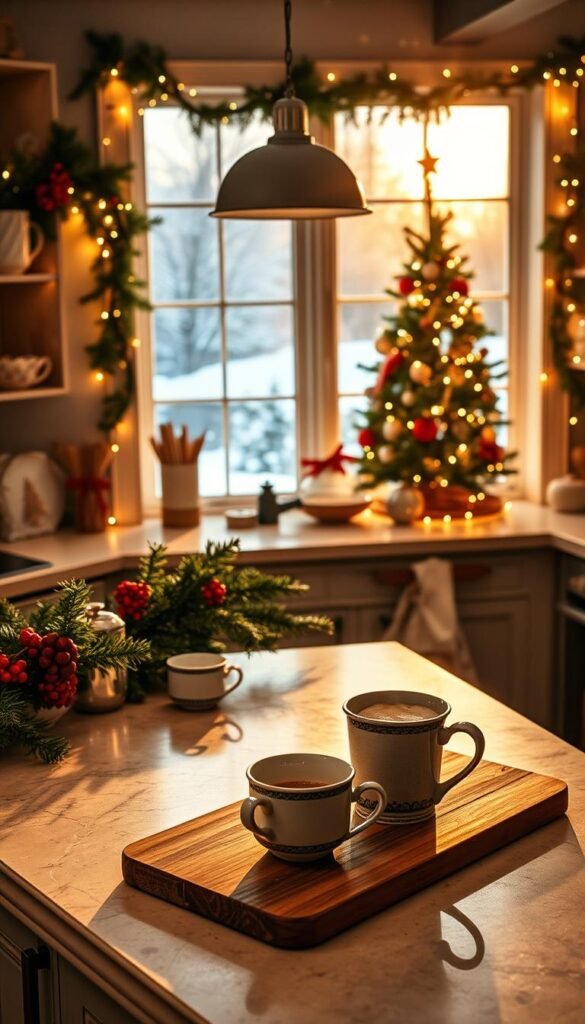 A cozy and festive holiday kitchen, bathed in warm golden light from a large window overlooking a snowy landscape.