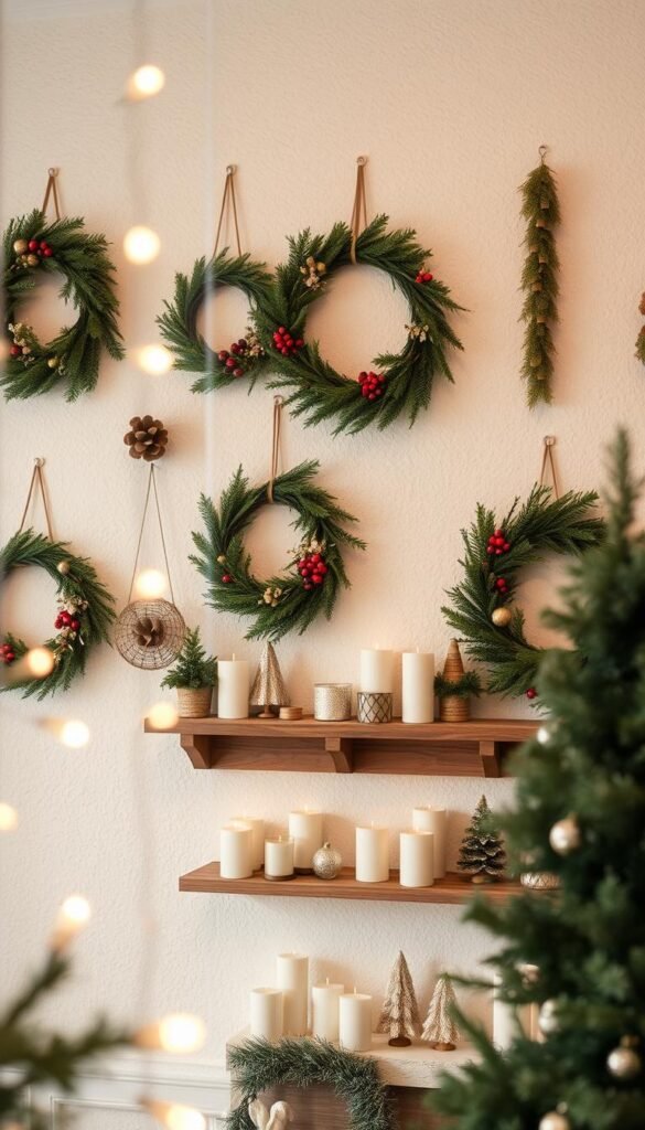 A cozy and festive window display, showcasing a variety of holiday-inspired wall decor.