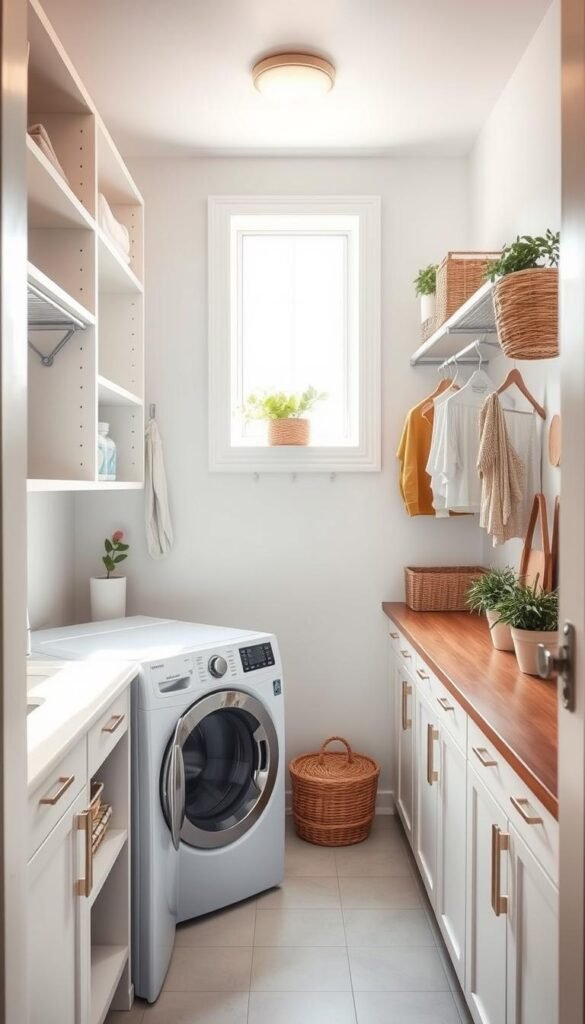 A cozy and functional tiny laundry room with soft, natural lighting filtering through a small window. The foreground features a compact washer and dryer set, flanked by minimalist shelving units and a folding counter. Midground showcases cleverly organized storage solutions, from hanging rods to baskets and hooks. The background subtly blends clean white walls and simple tile flooring, creating a sense of zen-like tranquility. Warm wood accents and plants add touches of organic warmth, while a sleek, modern aesthetic maintains an efficient, space-saving design. The overall atmosphere is one of thoughtful practicality and elegant simplicity.