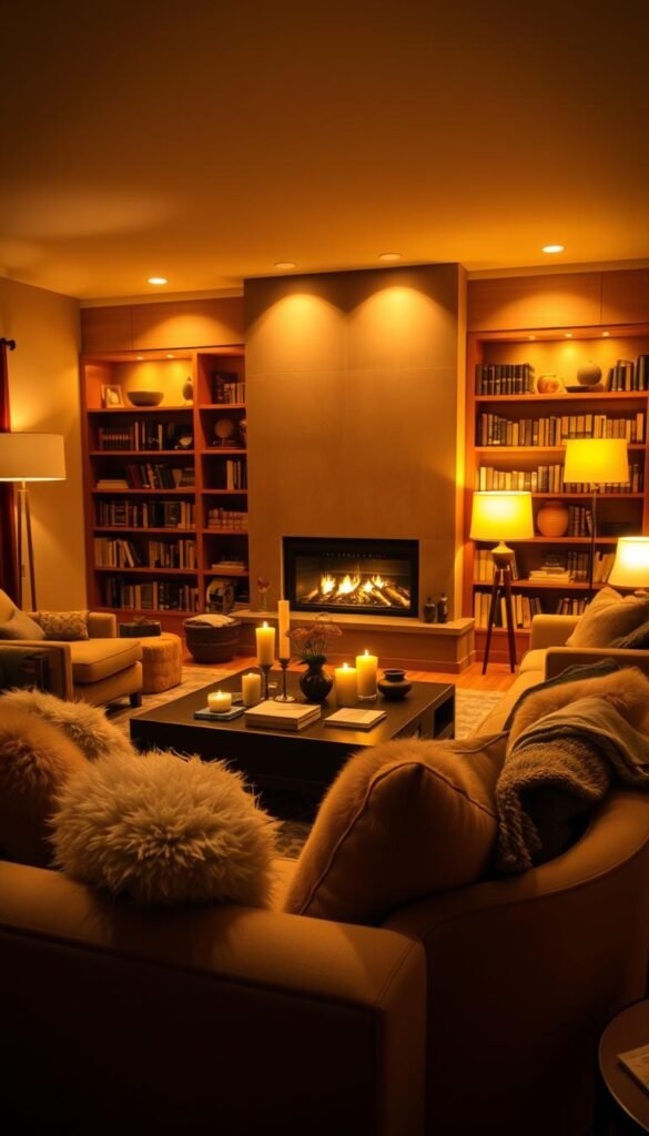 A cozy and intimate living room bathed in warm, soft lighting.
