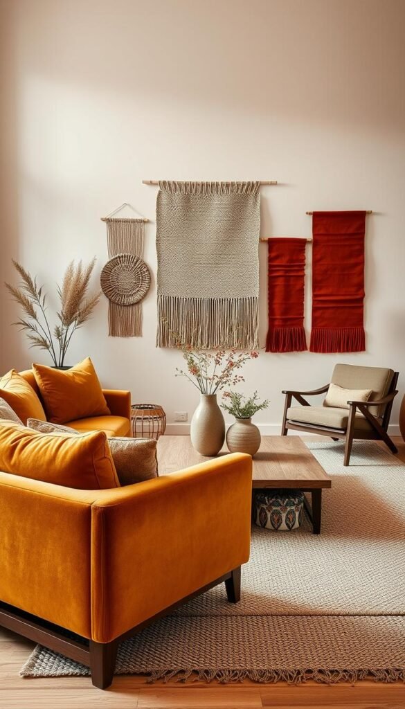 A cozy and inviting 2026 living room with a harmonious color palette of warm earth tones, natural materials, and organic textures.