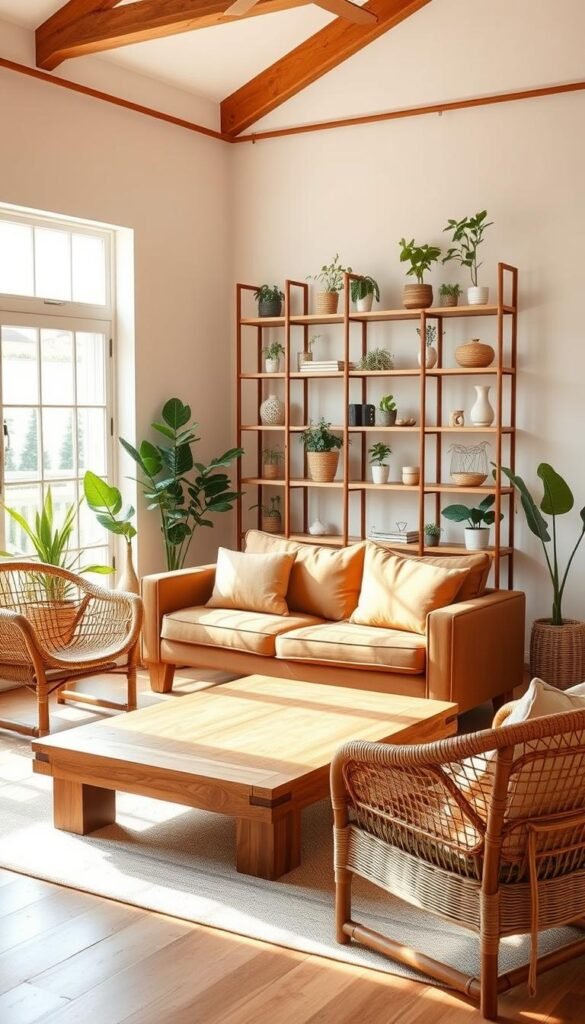 A cozy and inviting Japandi-style living room, bathed in warm, natural light filtering through large windows.