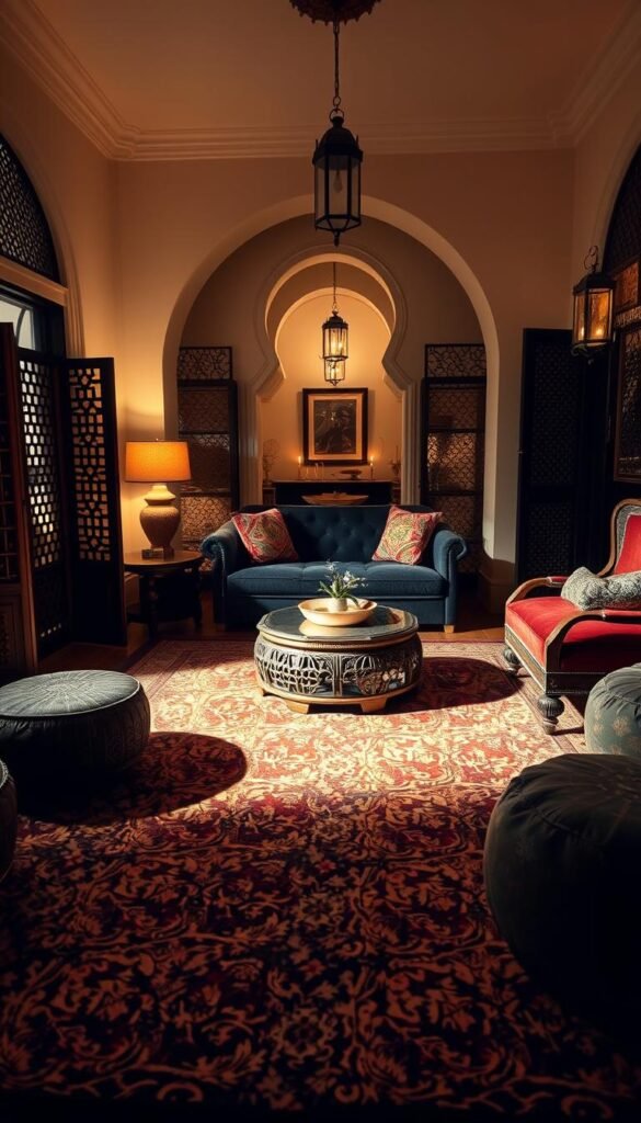 A cozy and inviting Moroccan-inspired living room with warm lighting and rich textures.