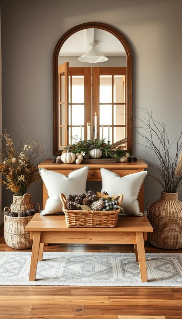 A cozy and inviting Nordic-inspired Thanksgiving entrance decor.