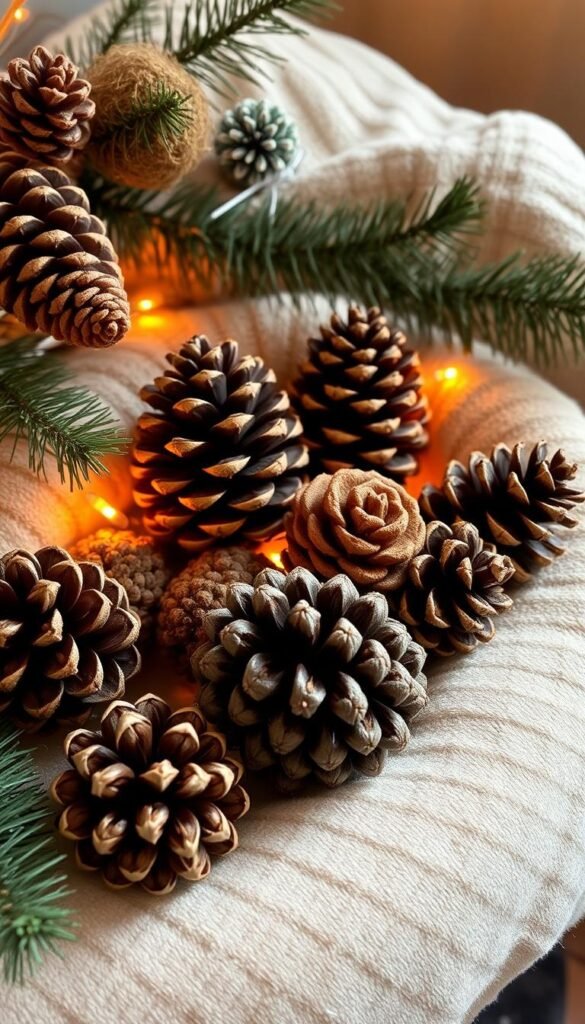 A cozy and inviting arrangement of natural pinecones nestled in a soft, organic setting.