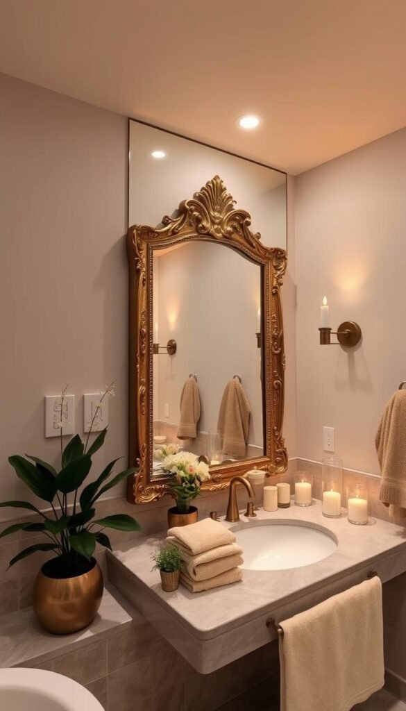 A cozy and inviting bathroom with a large, ornate mirror as the focal point.