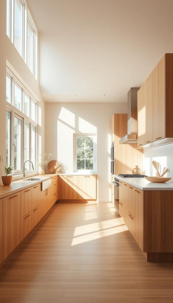 A cozy and inviting beige kitchen, flooded with natural light from large windows. The warm tones of the wood cabinetry and hardwood floors create a harmonious and serene atmosphere. Soft, diffused sunlight pours in, casting gentle shadows and highlighting the natural textures of the space. A modern, minimalist design with clean lines and a calming ambiance, perfect for showcasing the effortless elegance of a beige kitchen. The space is well-organized, with ample counter space and a central island providing a functional and visually pleasing layout. An open and airy feel, enhanced by the natural illumination, invites you to linger and appreciate the beauty of this tranquil culinary haven.