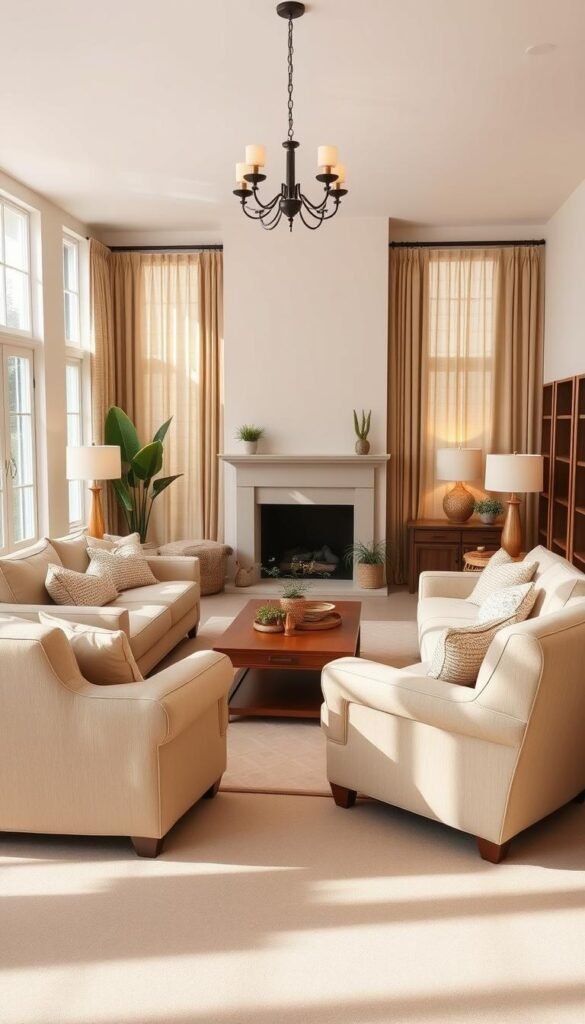 A cozy and inviting beige living room with natural light streaming in through large windows.