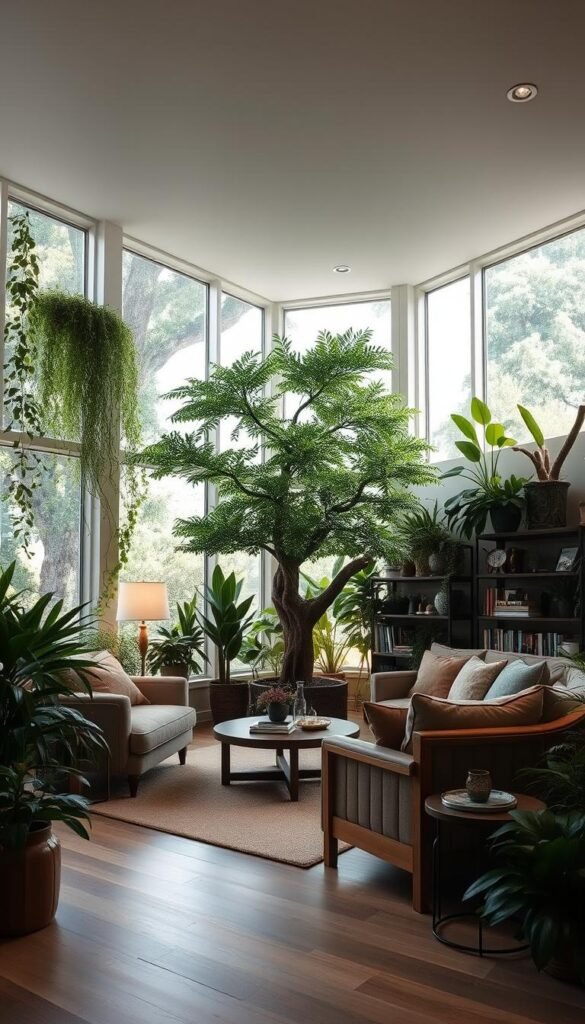 A cozy and inviting biophilic-inspired living room with abundant natural light streaming through large windows.