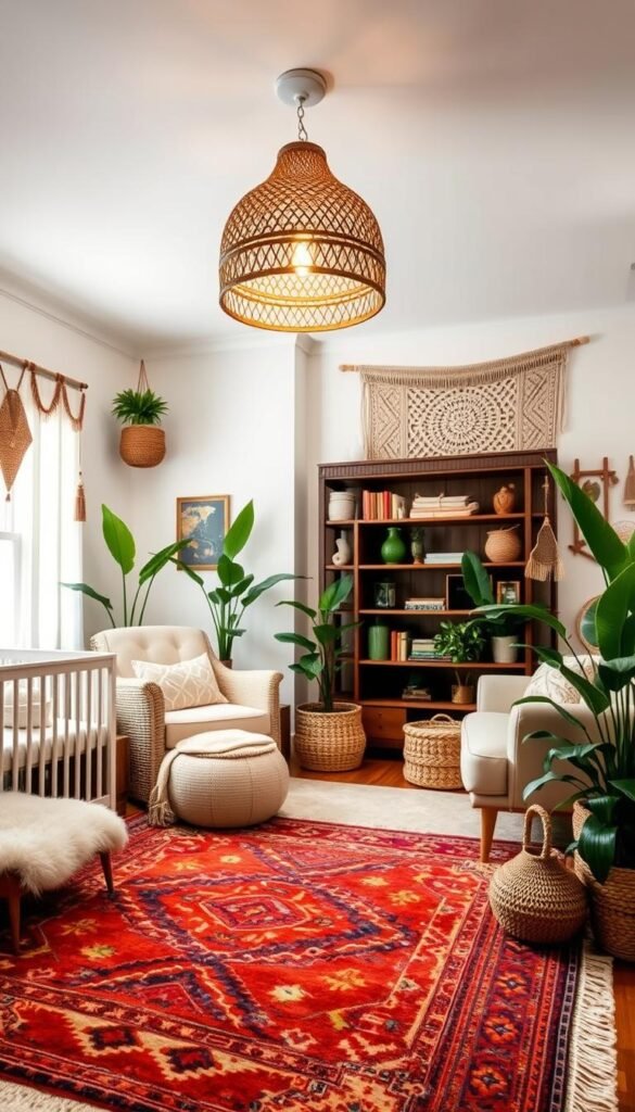 A cozy and inviting boho-inspired nursery, filled with worldly cultural elements. In the foreground, a plush area rug in a vibrant bohemian pattern anchors the space, surrounded by a mix of neutral-toned furniture and textiles. Mid-ground, a hanging rattan light fixture casts a warm, ambient glow, while an ornate, carved wooden bookshelf displays an eclectic array of treasures. In the background, a feature wall is adorned with a large woven wall hanging, its intricate design a nod to global influences. Lush potted plants and natural textures, like woven baskets and macrame accents, create a serene, earthy atmosphere. Soft, directional lighting from multiple sources enhances the cozy, layered ambiance of this worldly boho nursery.