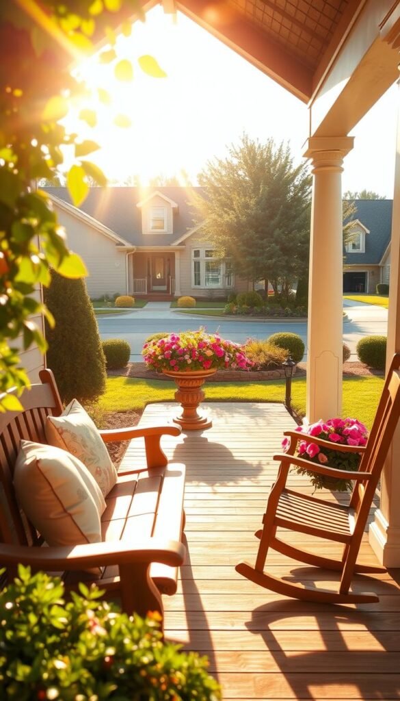 A cozy and inviting front porch addition, bathed in warm, golden sunlight filtering through the lush foliage. In the foreground, a charming wooden bench adorned with plush cushions invites visitors to sit and relax. A classic wooden rocking chair stands nearby, its gentle sway capturing the tranquil atmosphere. In the middle ground, a decorative planter overflows with vibrant blooms, complementing the natural wood tones. The porch's architectural details, such as decorative columns and a decorative gable, create a welcoming and visually appealing design. In the background, a neatly manicured lawn and a picturesque suburban neighborhood set the scene, enhancing the overall inviting and unique aesthetic. A cozy and inviting front porch addition, bathed in warm, golden sunlight filtering through the lush foliage. In the foreground, a charming wooden bench adorned with plush cushions invites visitors to sit and relax. A classic wooden rocking chair stands nearby, its gentle sway capturing the tranquil atmosphere. In the middle ground, a decorative planter overflows with vibrant blooms, complementing the natural wood tones. The porch's architectural details, such as decorative columns and a decorative gable, create a welcoming and visually appealing design. In the background, a neatly manicured lawn and a picturesque suburban neighborhood set the scene, enhancing the overall inviting and unique aesthetic.