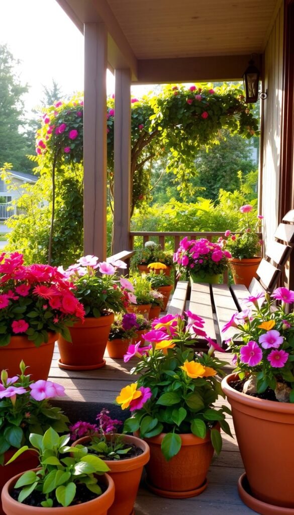 A cozy and inviting front porch, adorned with an array of vibrant flower pots. In the foreground, a collection of terracotta planters brimming with lush, colorful blooms, casting a warm glow under the soft, diffused lighting of a late afternoon sun. The middle ground features a rustic wooden bench, its weathered surface complementing the natural aesthetic. In the background, a well-tended garden spills over the porch's edge, adding depth and a sense of tranquility to the scene. The overall atmosphere evokes a sense of comfort and functionality, where the flower pots serve not only as decorative elements but also as an integral part of the porch's welcoming ambiance. A cozy and inviting front porch, adorned with an array of vibrant flower pots. In the foreground, a collection of terracotta planters brimming with lush, colorful blooms, casting a warm glow under the soft, diffused lighting of a late afternoon sun. The middle ground features a rustic wooden bench, its weathered surface complementing the natural aesthetic. In the background, a well-tended garden spills over the porch's edge, adding depth and a sense of tranquility to the scene. The overall atmosphere evokes a sense of comfort and functionality, where the flower pots serve not only as decorative elements but also as an integral part of the porch's welcoming ambiance.