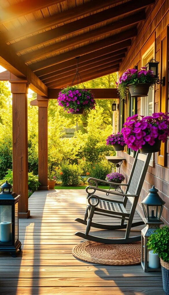 A cozy and inviting front porch adorned with rustic wooden beams, hanging baskets of vibrant flowers, and a charming rocking chair. The porch is bathed in warm, golden afternoon sunlight, casting a soft glow on the weathered planks underfoot. In the background, a lush, verdant garden frames the scene, adding depth and natural beauty. Carefully placed decorative elements, such as a metal lantern and a woven welcome mat, create a welcoming and cohesive look. The overall atmosphere is one of relaxation and tranquility, inviting visitors to pause and savor the simple pleasures of a well-designed front porch.